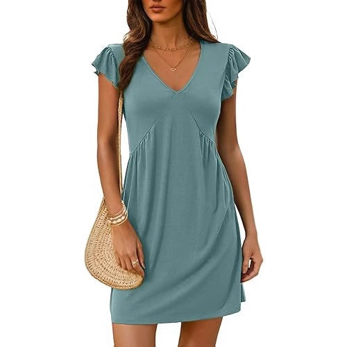 V Neck Flutter Sleeve Ruched Mini Dress for Women