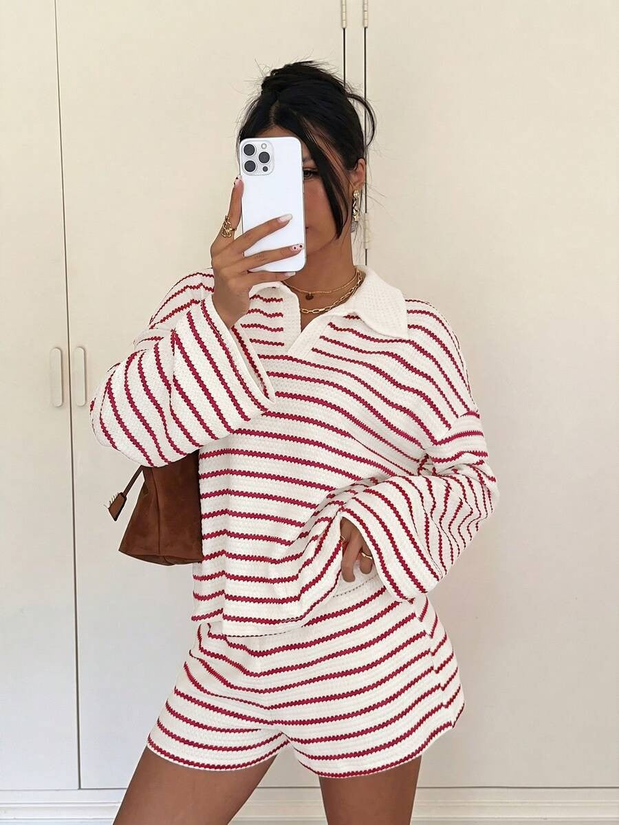 Striped Polo Lounge Set Resort Textured Collared Oversized
