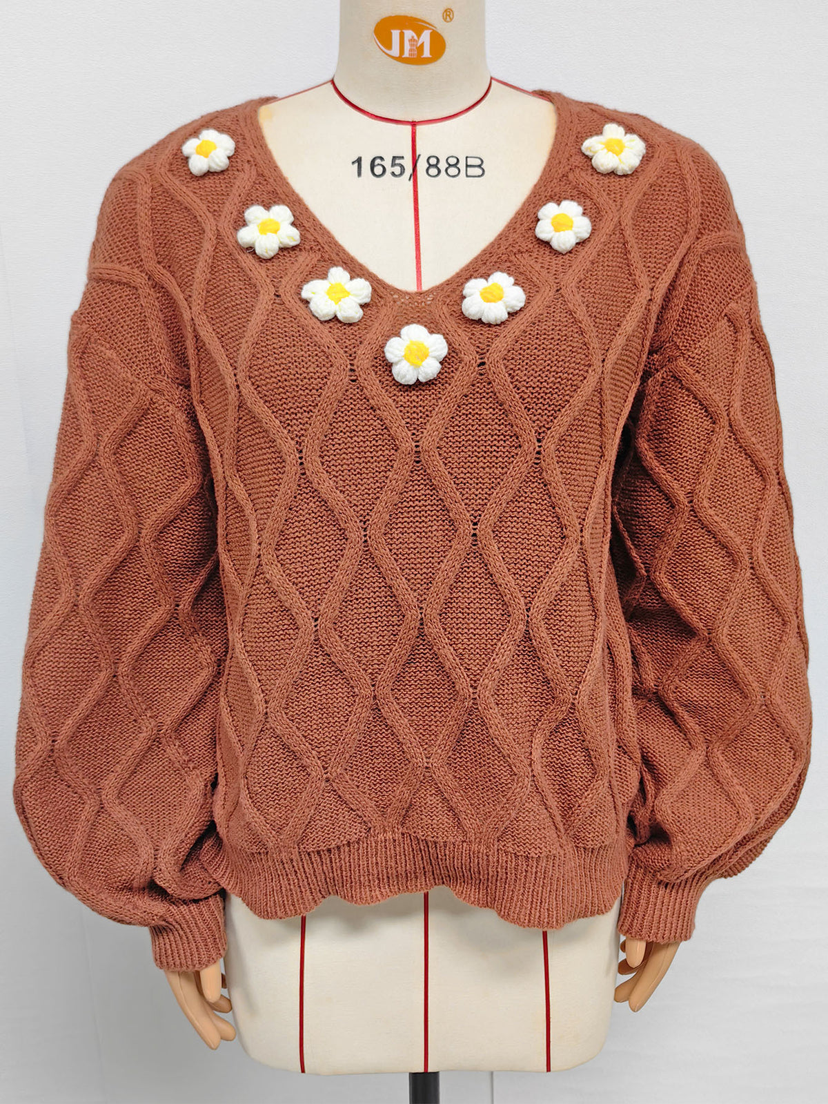 Women's Daisy V Neck Cable Knit Balloon Sleeve Sweater