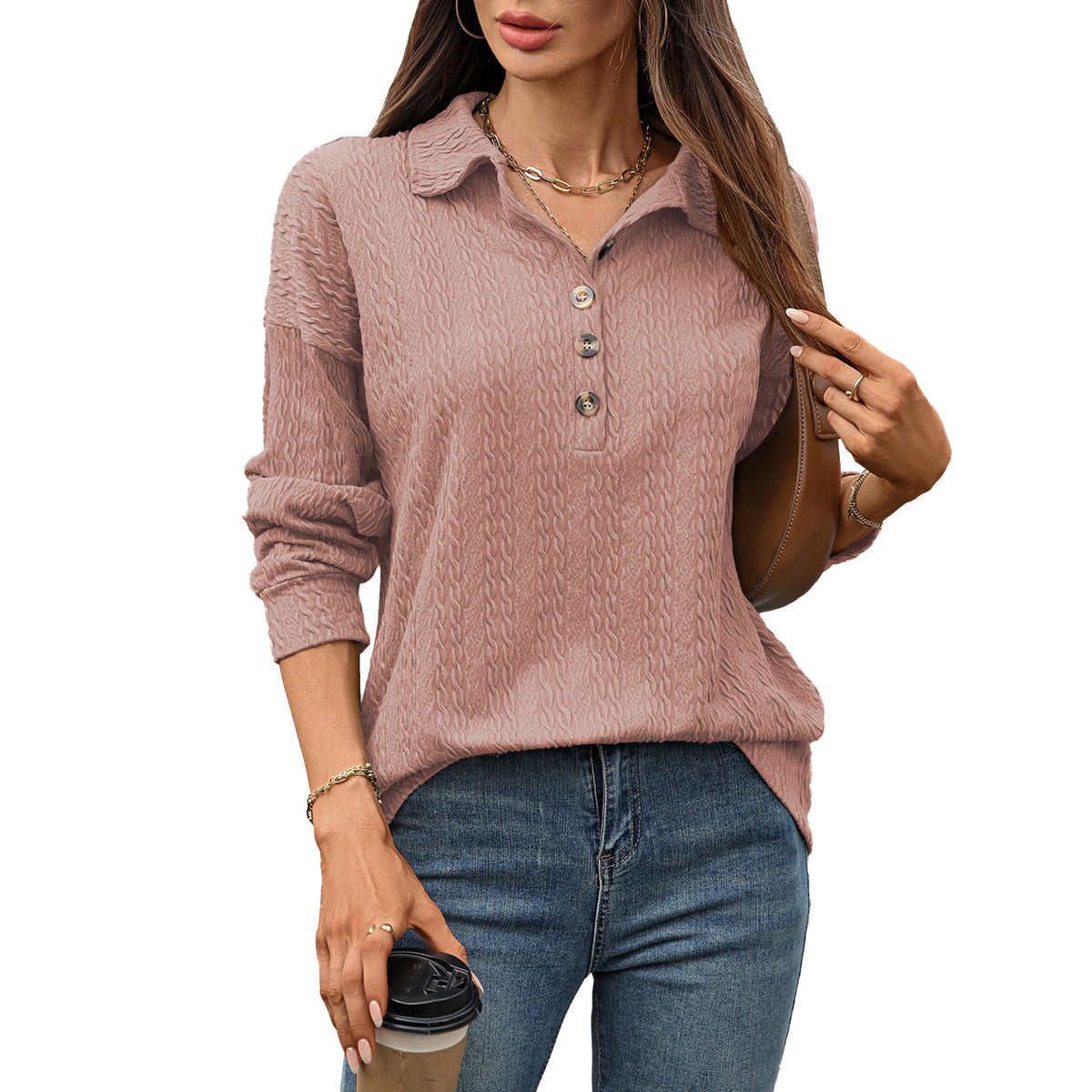 Women's Collared Long Sleeve Button Pullover Sweatshirt