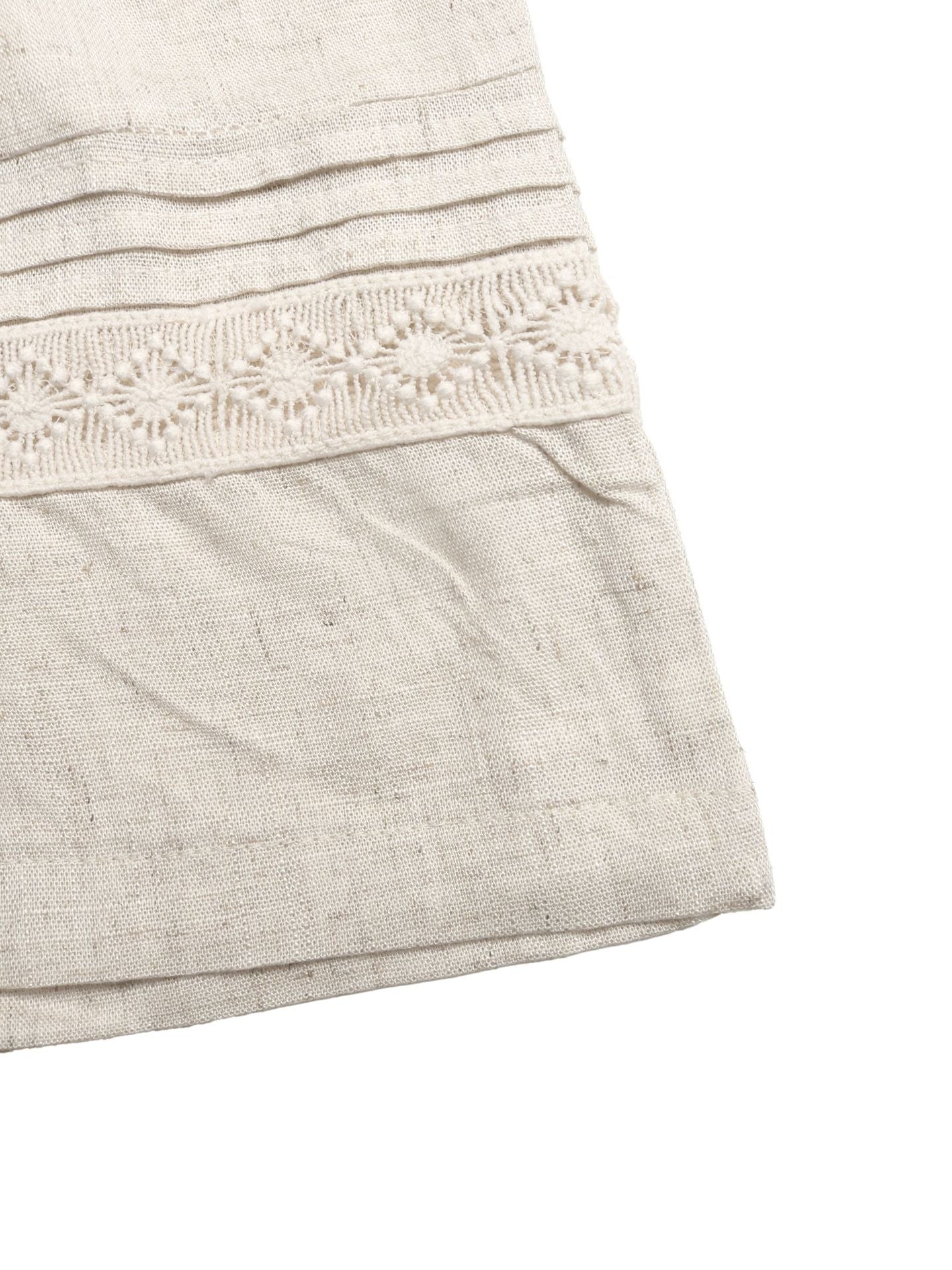 Solid Linen Pants Casual Drawstring Wide Leg Lace Trim