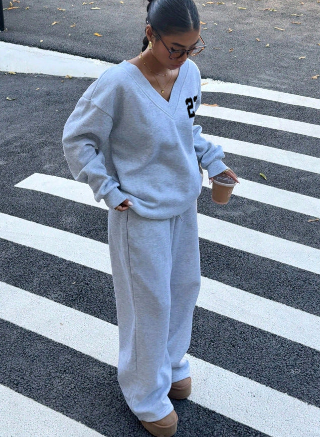 V Neck Graphic Sweatshirt Wide Leg Pants Set