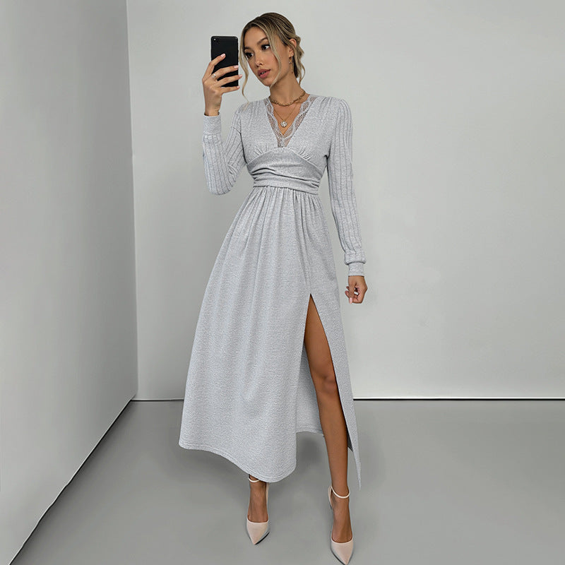 Fall V-Neck Long Sleeve Dress - High Quality Split Hem