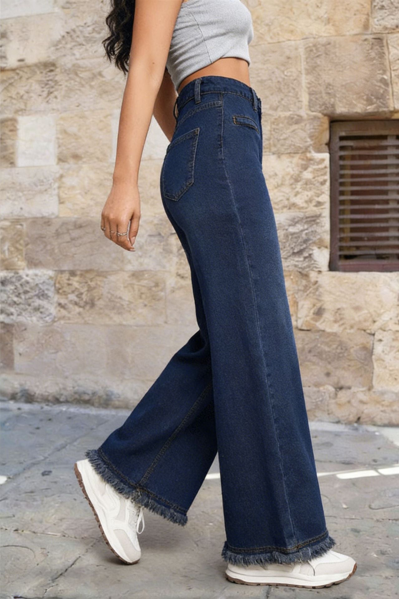 Washed Denim Jeans Vintage High Waist Wide Leg Fringe