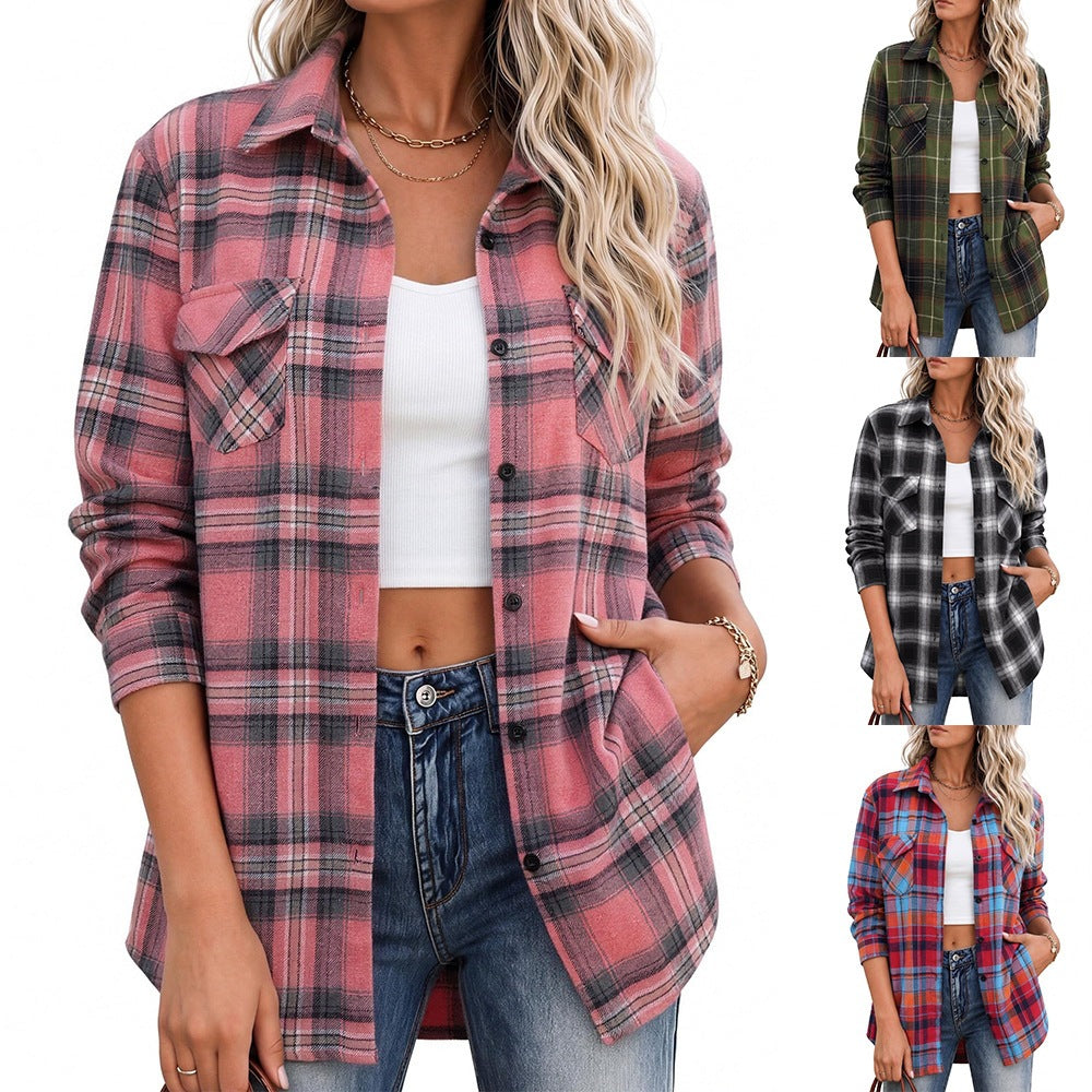 Plaid Button Down Pocket Shirt Casual Oversized Top