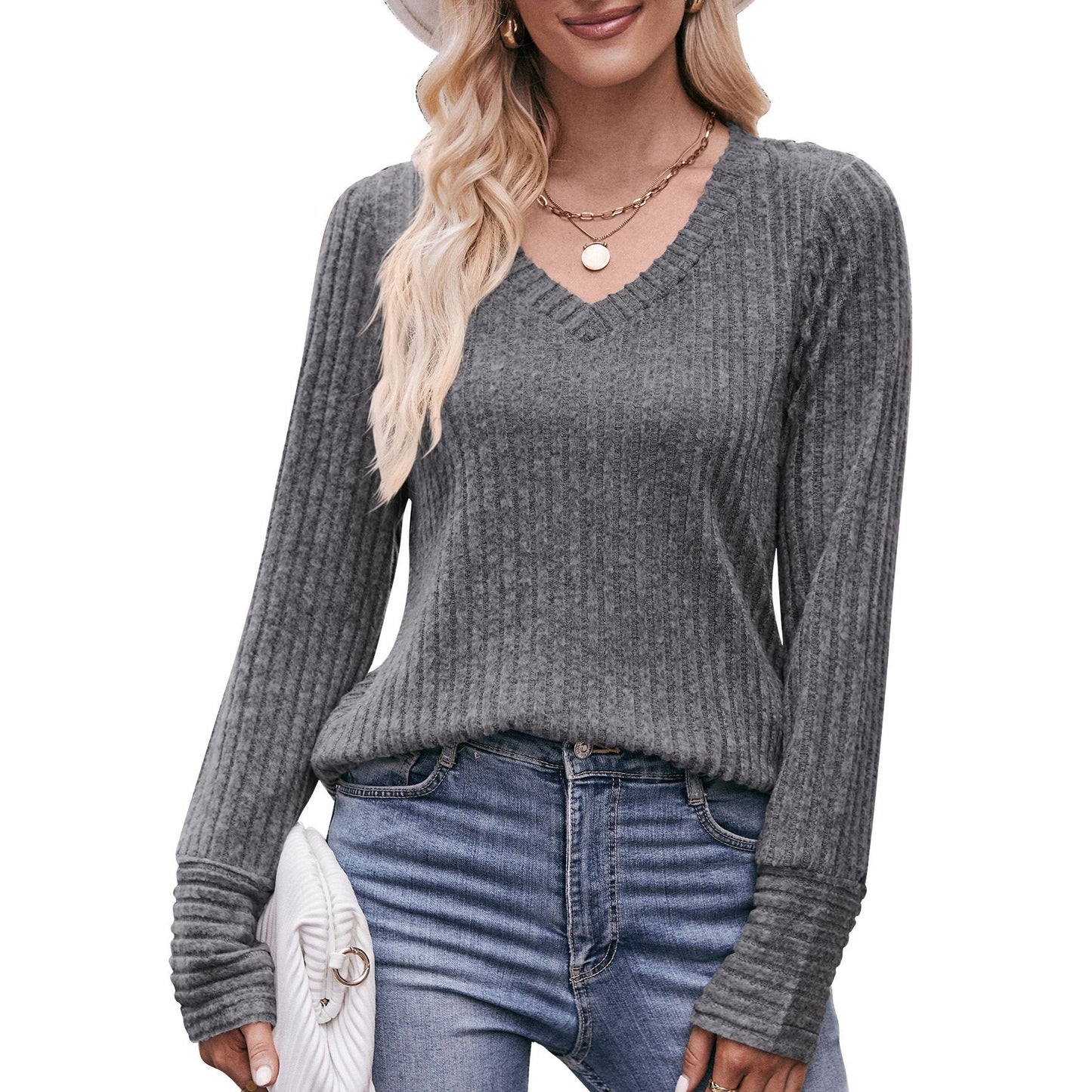 Ribbed V Neck Long Sleeve Knit Top for Women