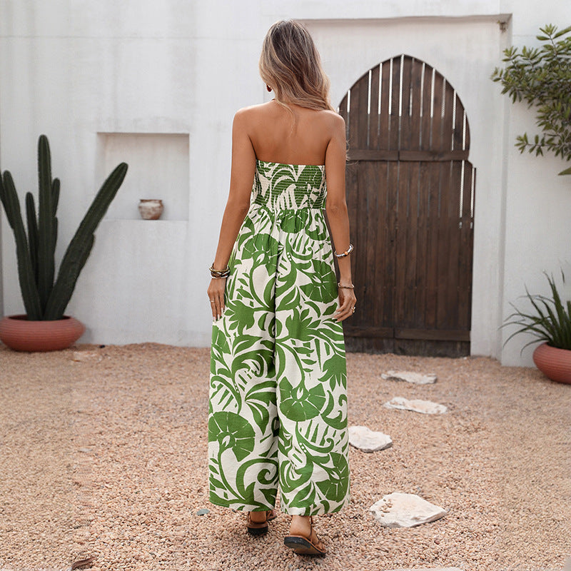 Women Strapless Tropical Print Wide Leg Jumpsuit Summer