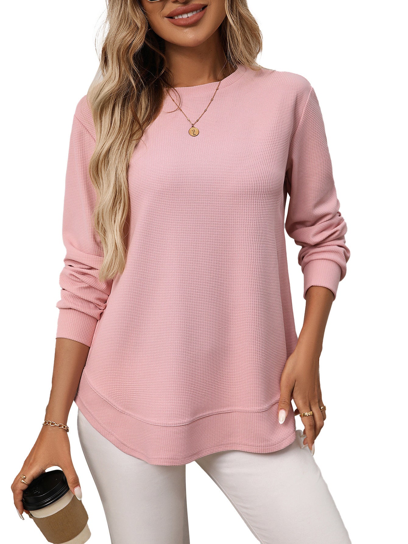 Waffle Knit Long Sleeve Top Relaxed Fit Casual Pullover