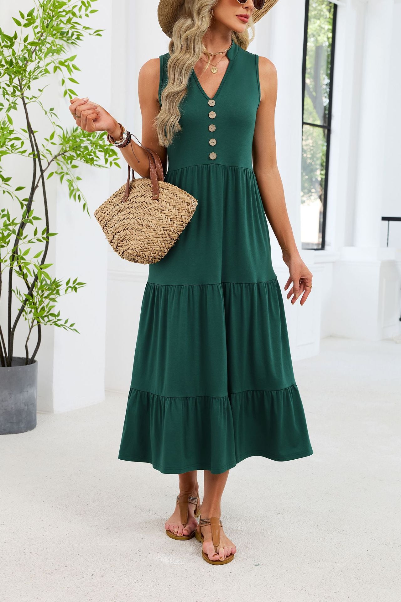 Sleeveless V Neck Button Tiered Midi Dress Casual