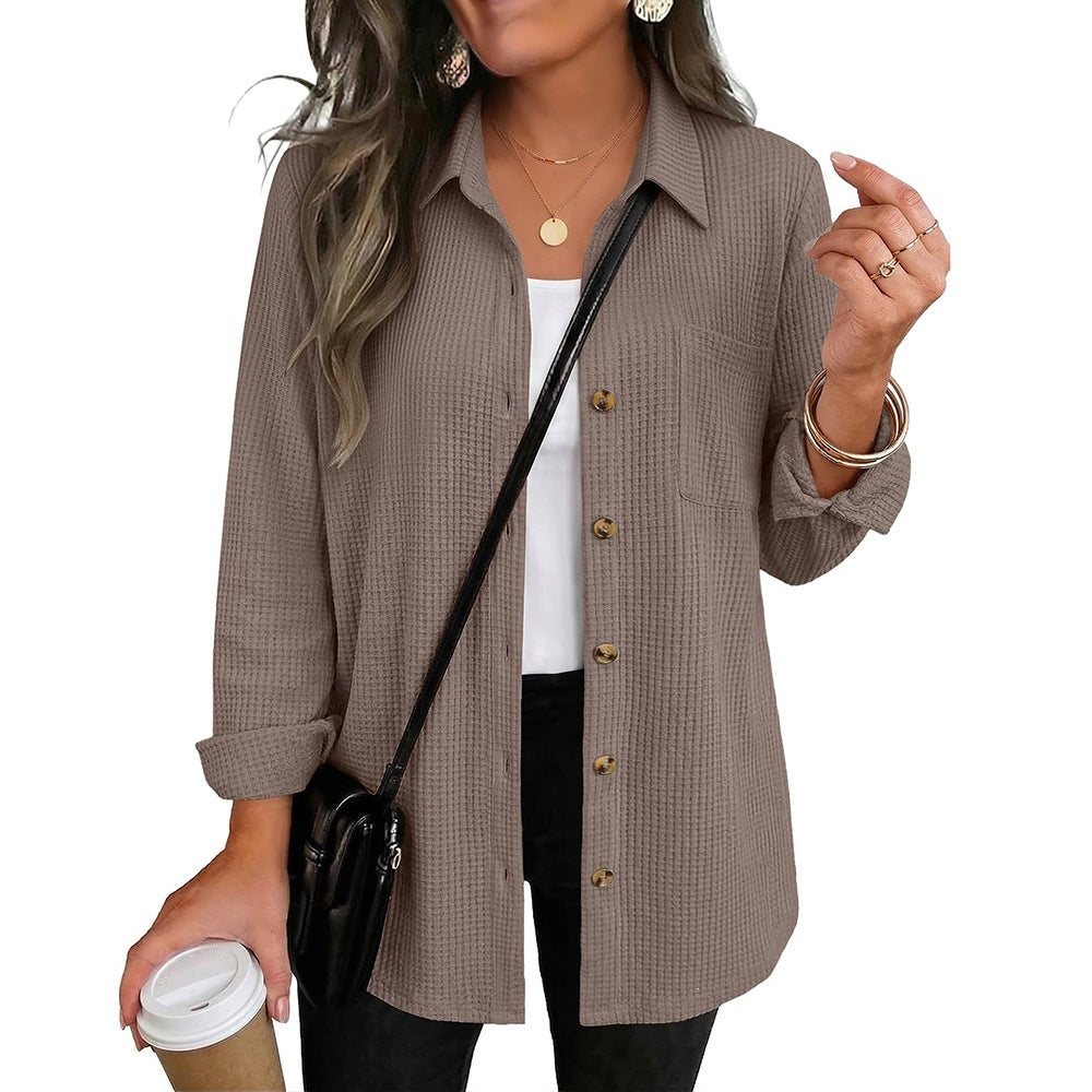 Waffle Knit Button Down Shacket Casual Long Sleeve Top