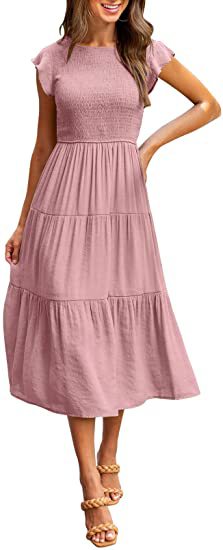 Smocked Waist Flutter Sleeve Tiered Midi Dress for Women