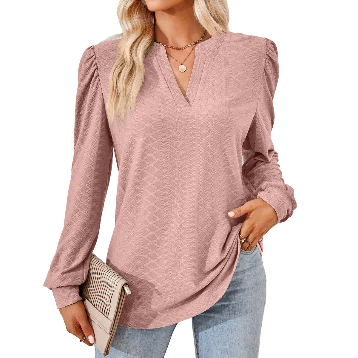 Women's V Neck Puff Sleeve Textured Long Sleeve Tunic Top