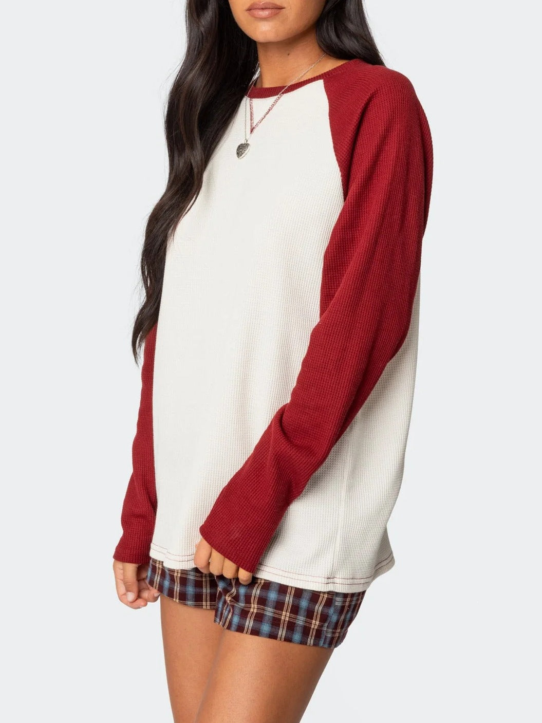 Colorblock Raglan Sleeve Waffle Knit Top