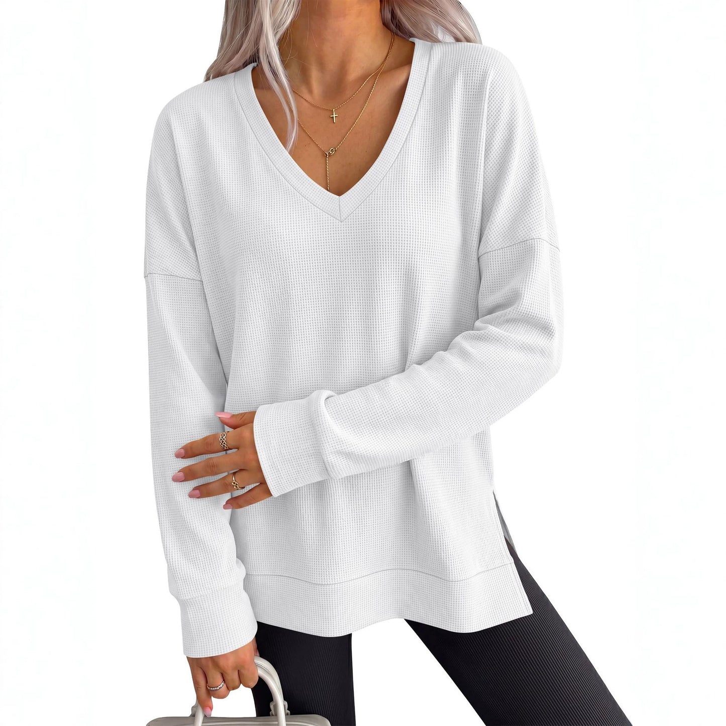 Waffle Knit V Neck Top Relaxed Long Sleeve