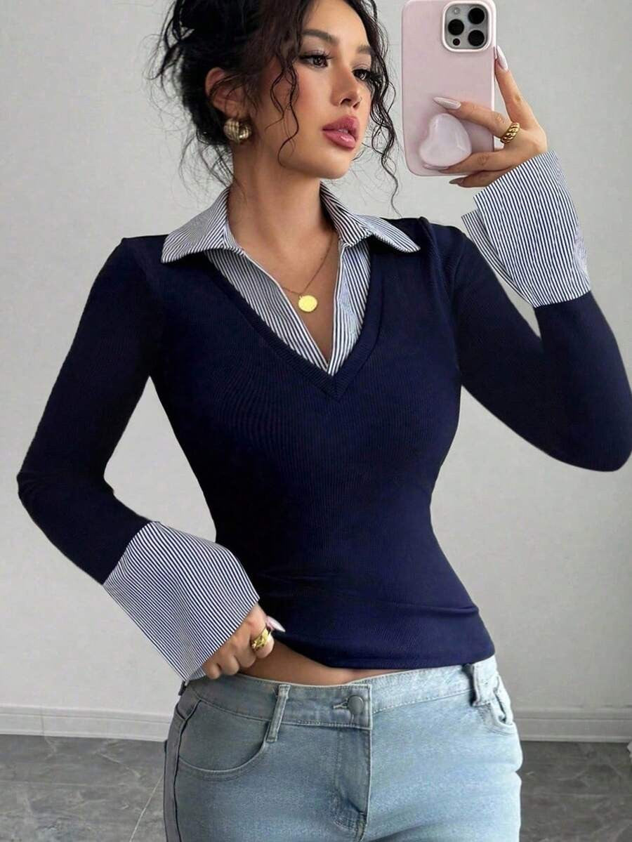 Office V Neck Layered Collared Knit Top Long Sleeve Tee
