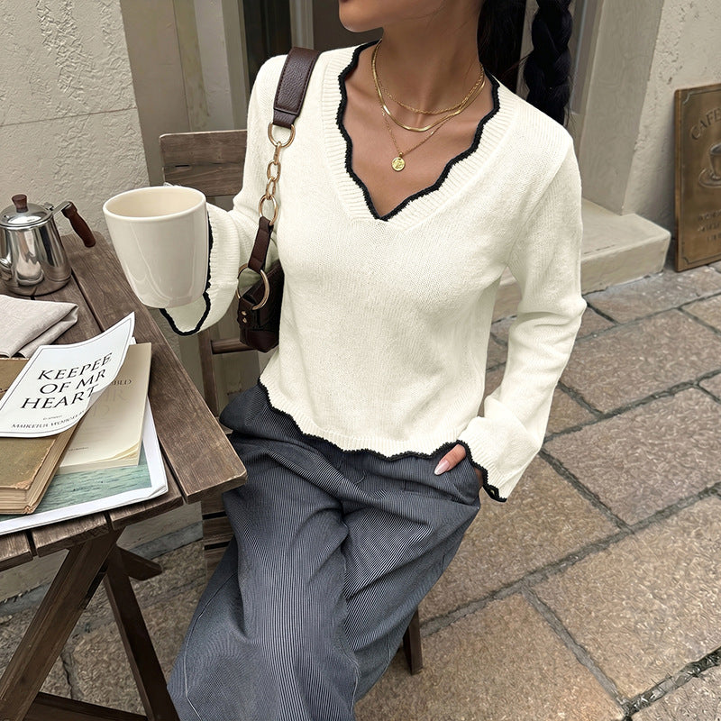 Contrast Trim V Neck Cropped Knit Sweater Long Sleeve Top