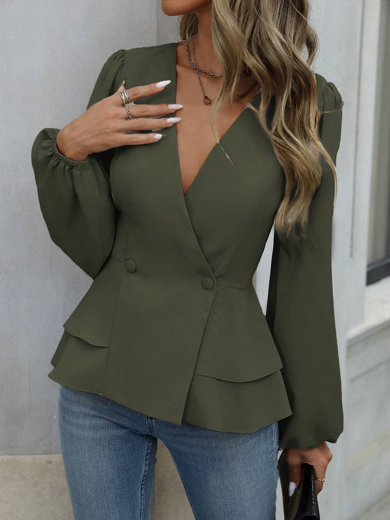 Solid Blouse Workwear Peplum V Neck Top
