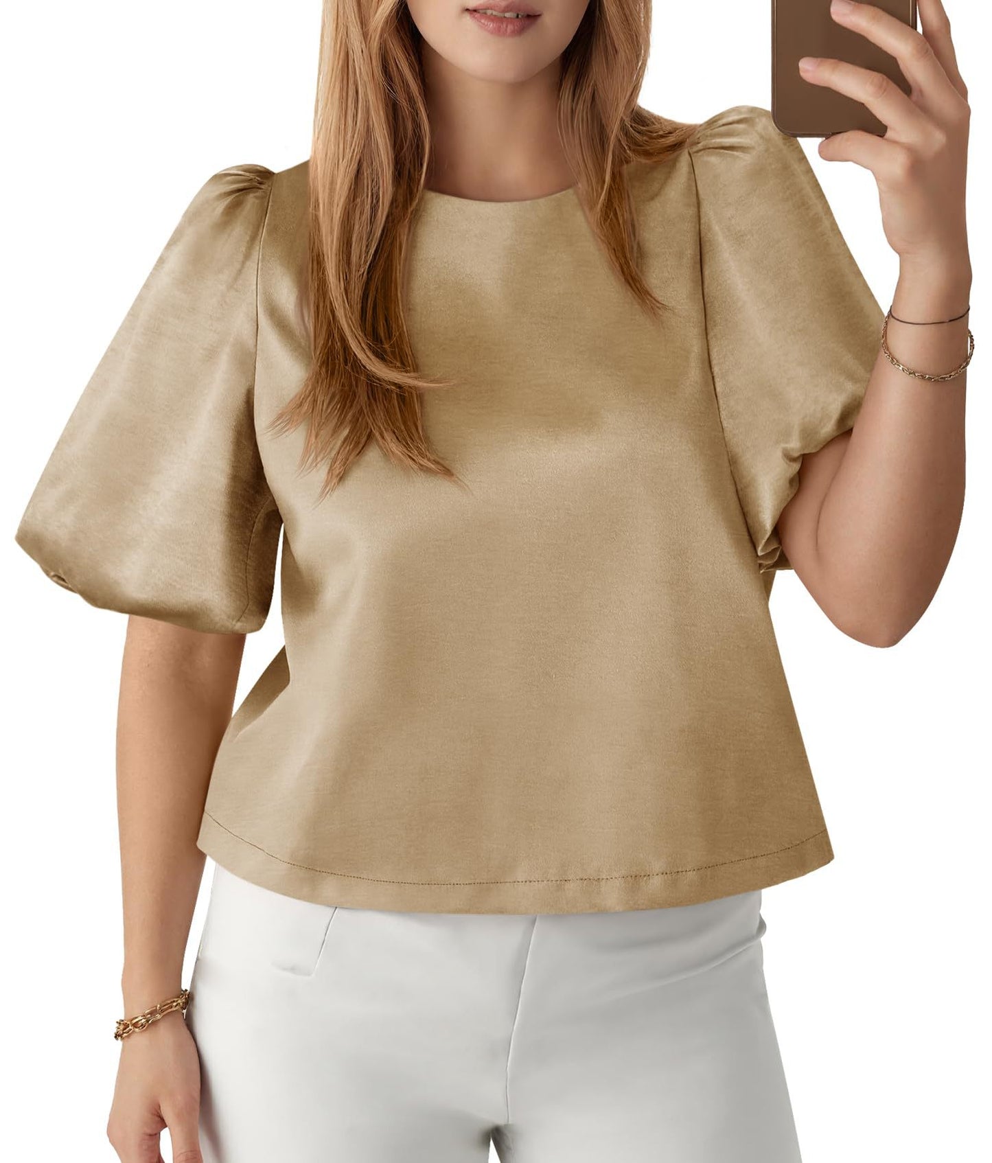 Satin Puff Sleeve Round Neck Elegant Blouse Top