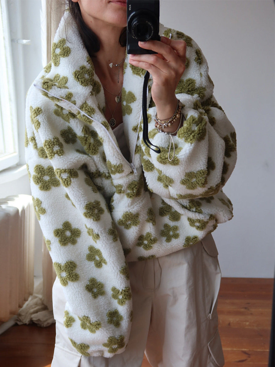Floral Sherpa Pullover Half Zip Sweatshirt