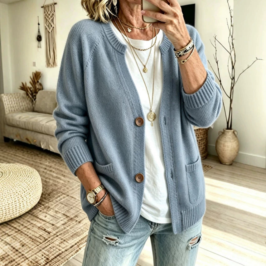 Button Front Crew Neck Pocket Knit Cardigan