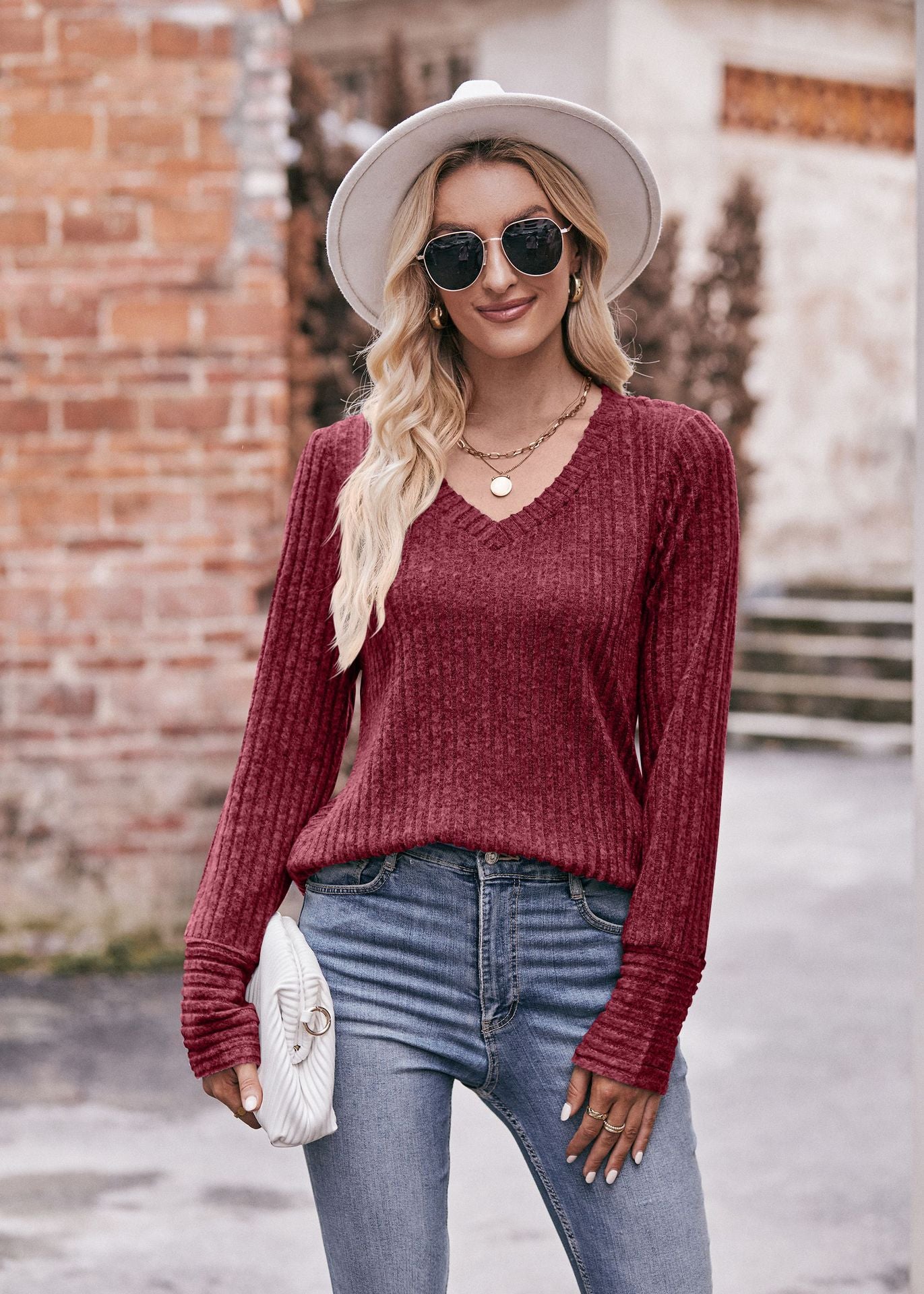 Ribbed V Neck Long Sleeve Knit Top for Women