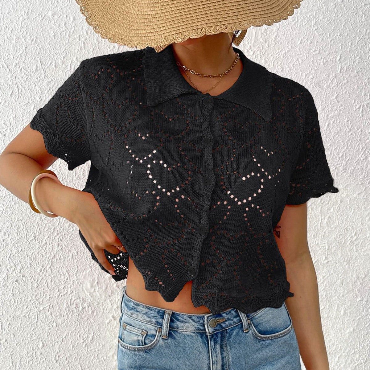 Heart Crochet Button Up Collar Short Sleeve Cardigan
