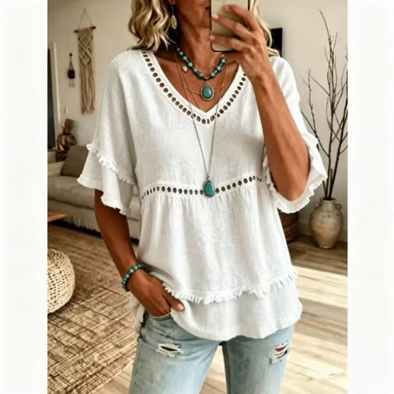 Eyelet Trim Linen V Neck Ruffle Sleeve Blouse