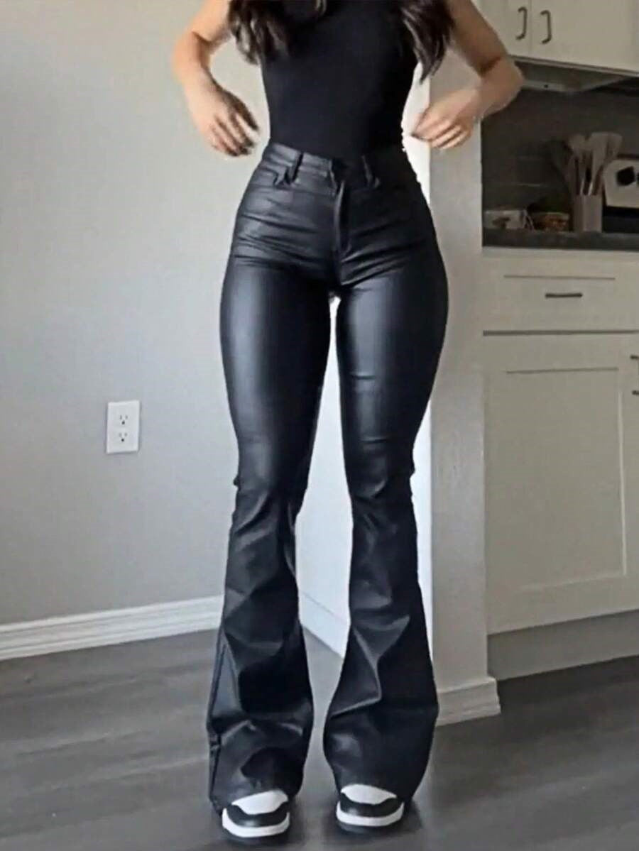 Women's Faux Leather Flare Pants High Waist Y2K Sexy