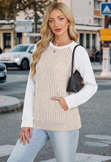 Ribbed Color Block Raglan Long Sleeve Pocket Tunic Top