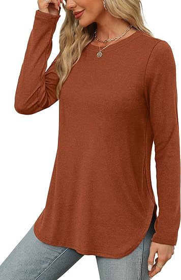 Women's Casual Long Sleeve Tunic Top Round Neck Side Slit