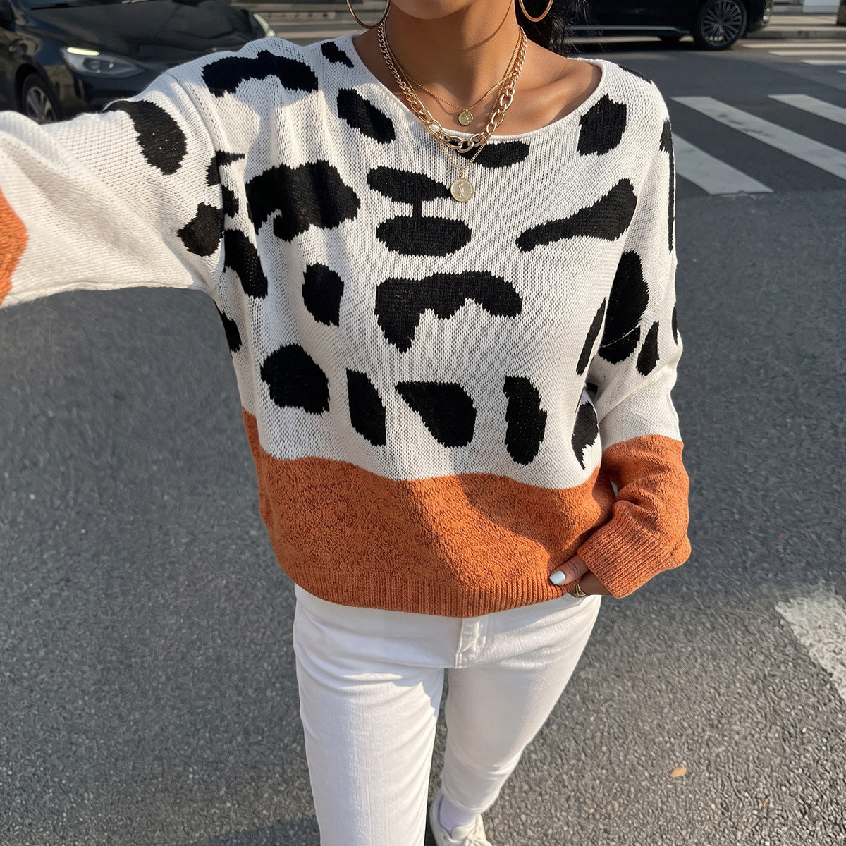 Women's Off Shoulder Leopard Print Color Block Sweater