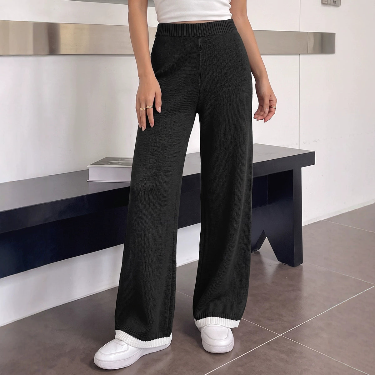 Women's High Waist Knit Wide Leg Sweater Pants Color Block