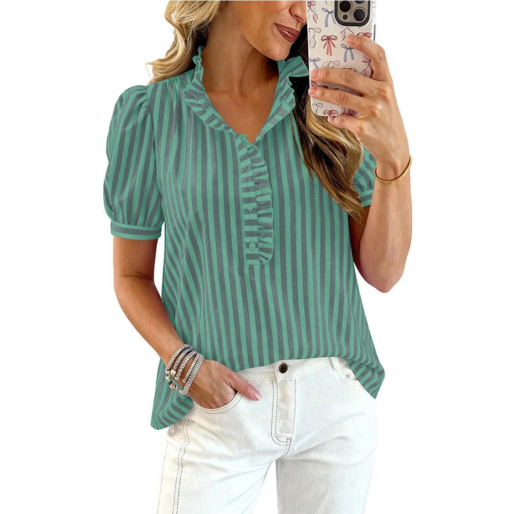 Striped Ruffle V Neck Blouse Puff Sleeve Summer Top