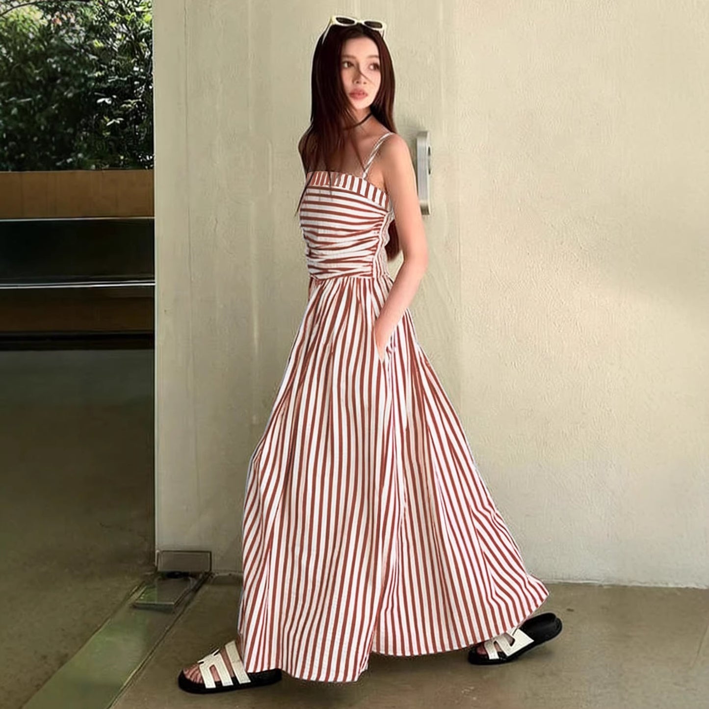 Striped Cami Maxi Dress with Pockets Smocked Bodice