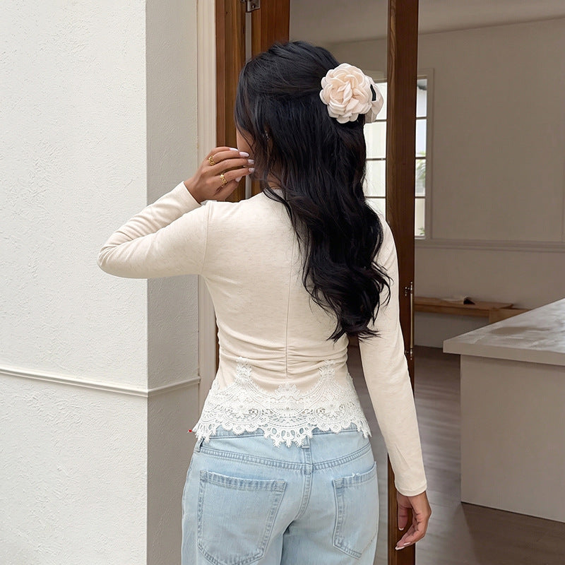 Lace Trim Long Sleeve Top Slim Fit Ruched Basic Tee