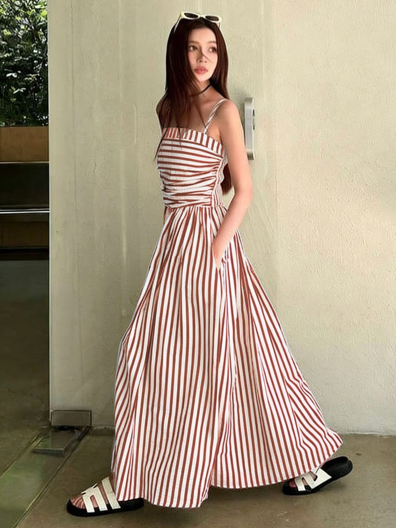 Striped Cami Maxi Dress with Pockets Smocked Bodice