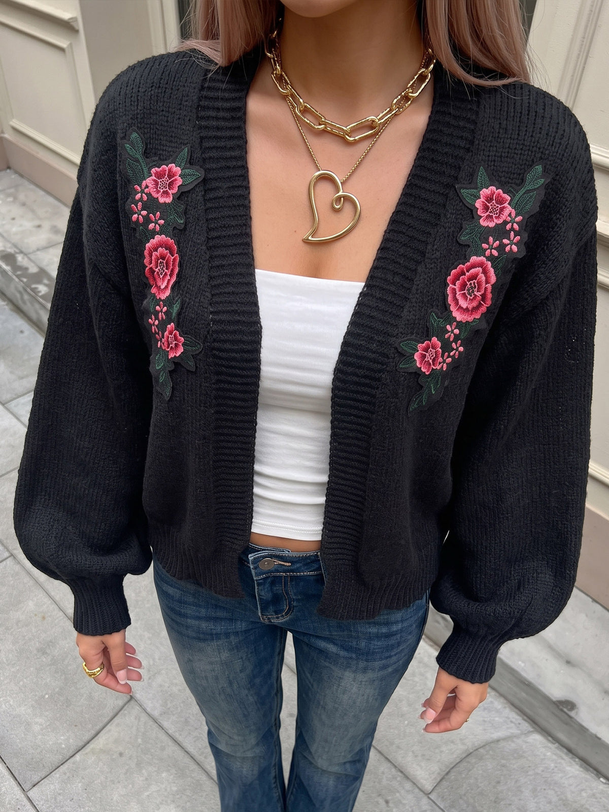 Women's Vintage Rose Embroidered Oversized Cardigan