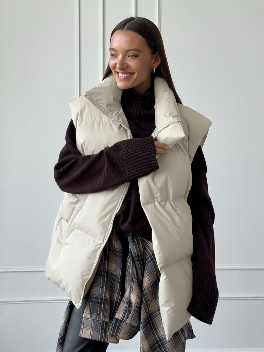 Oversized Longline Puffer Vest High Collar Zip Front