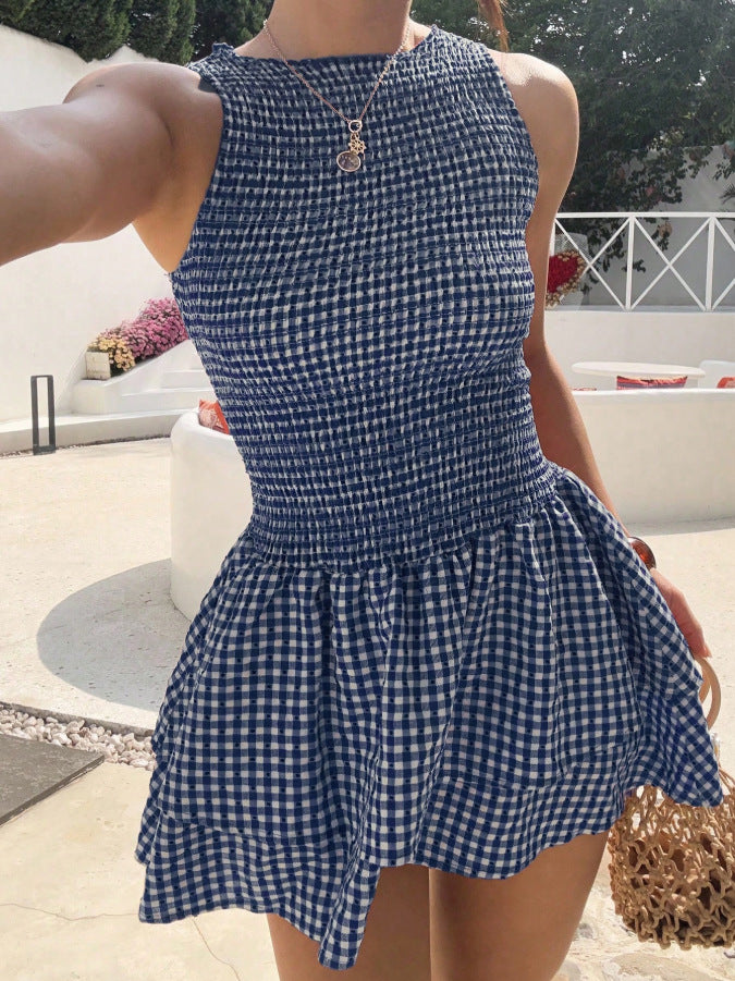 Women’s Smocked Gingham Sleeveless Ruffle Mini Dress