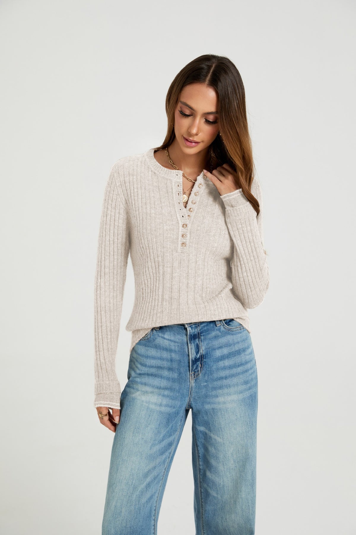 Women's Ribbed Henley Sweater Long Sleeve Fitted Top