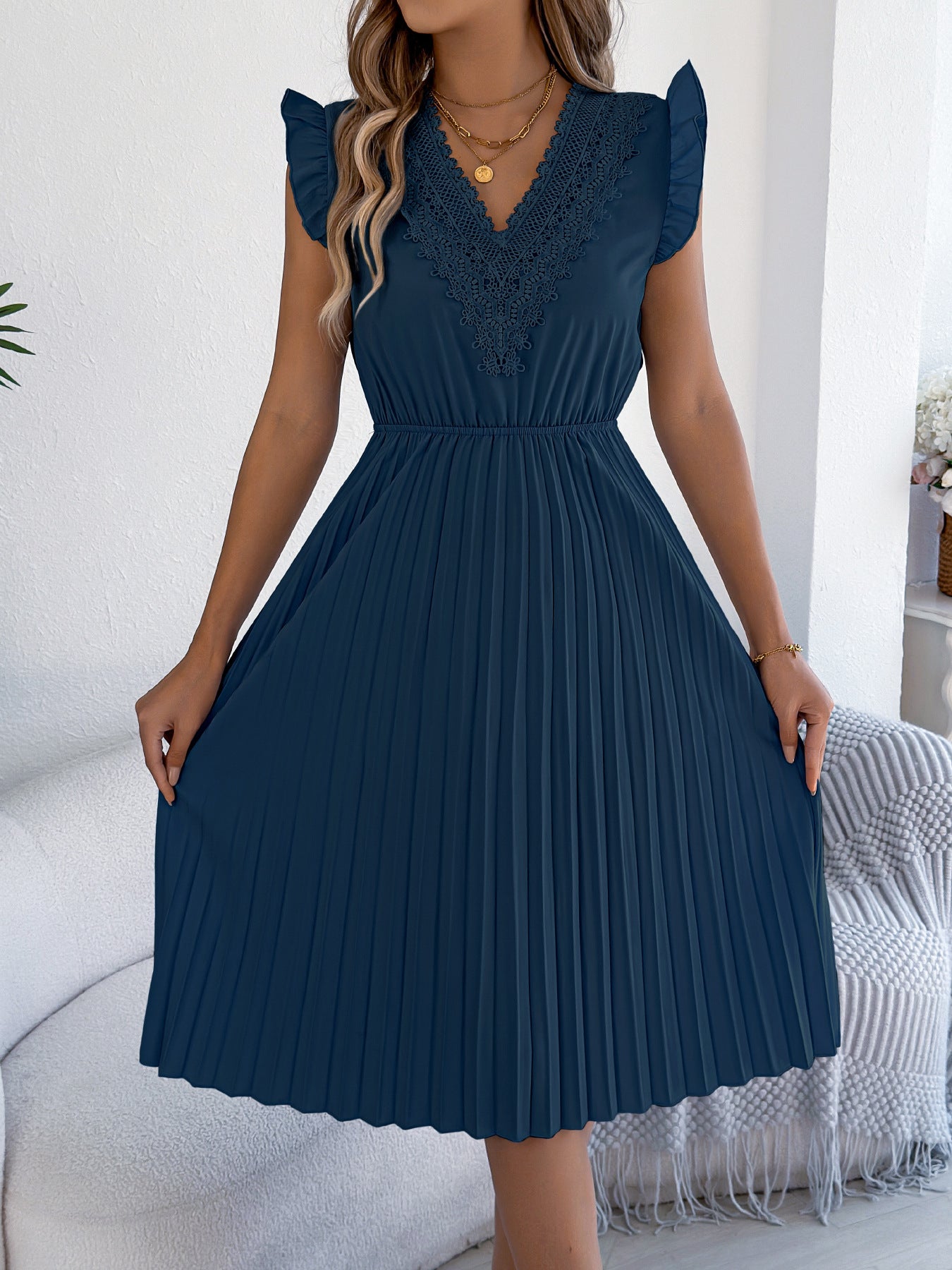 Pink Lace V Neck Pleated Midi Dress with Flutter Sleeves