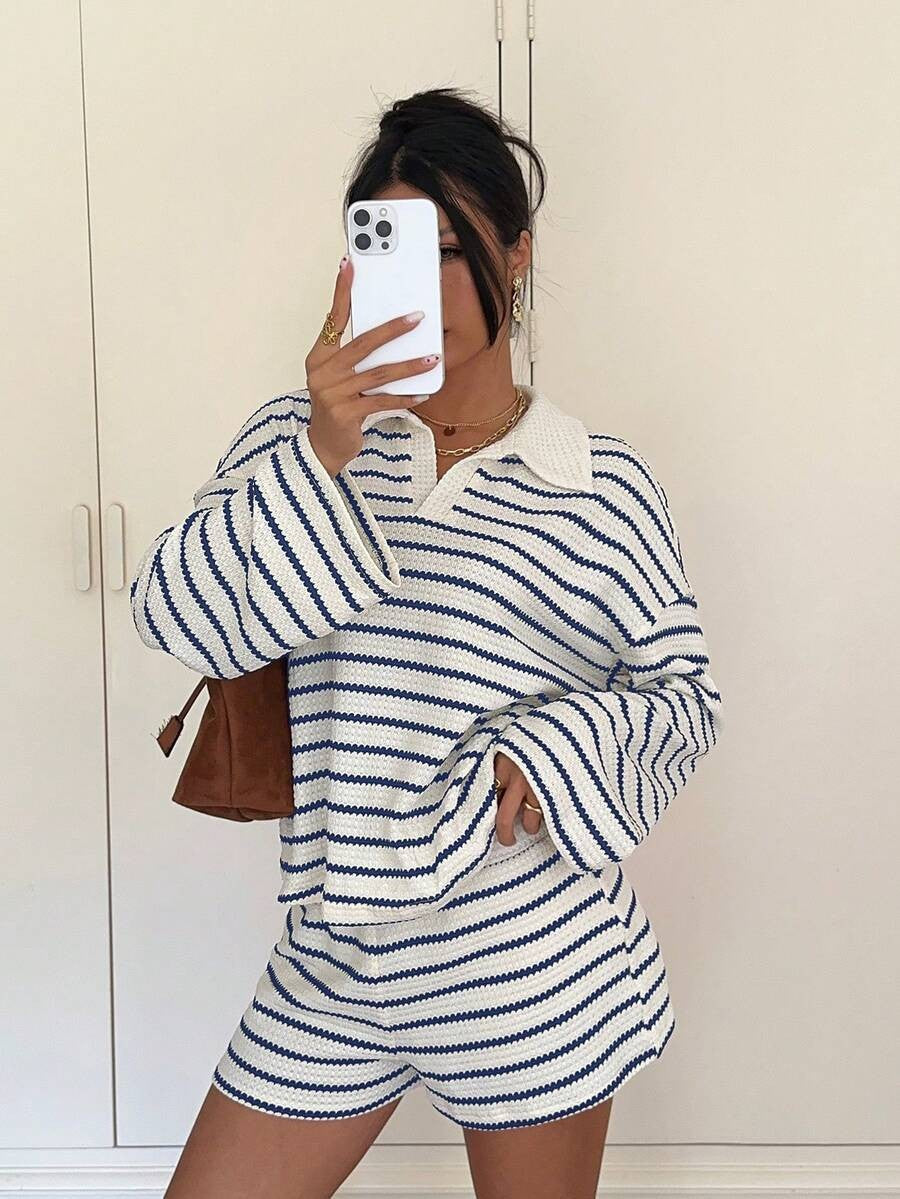 Striped Polo Lounge Set Resort Textured Collared Oversized