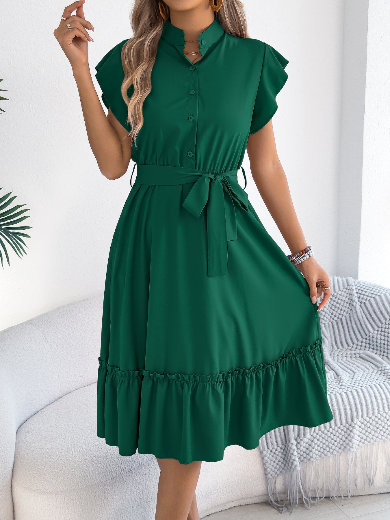 Light Blue Ruffle Hem Tie Waist Shirt Midi Dress
