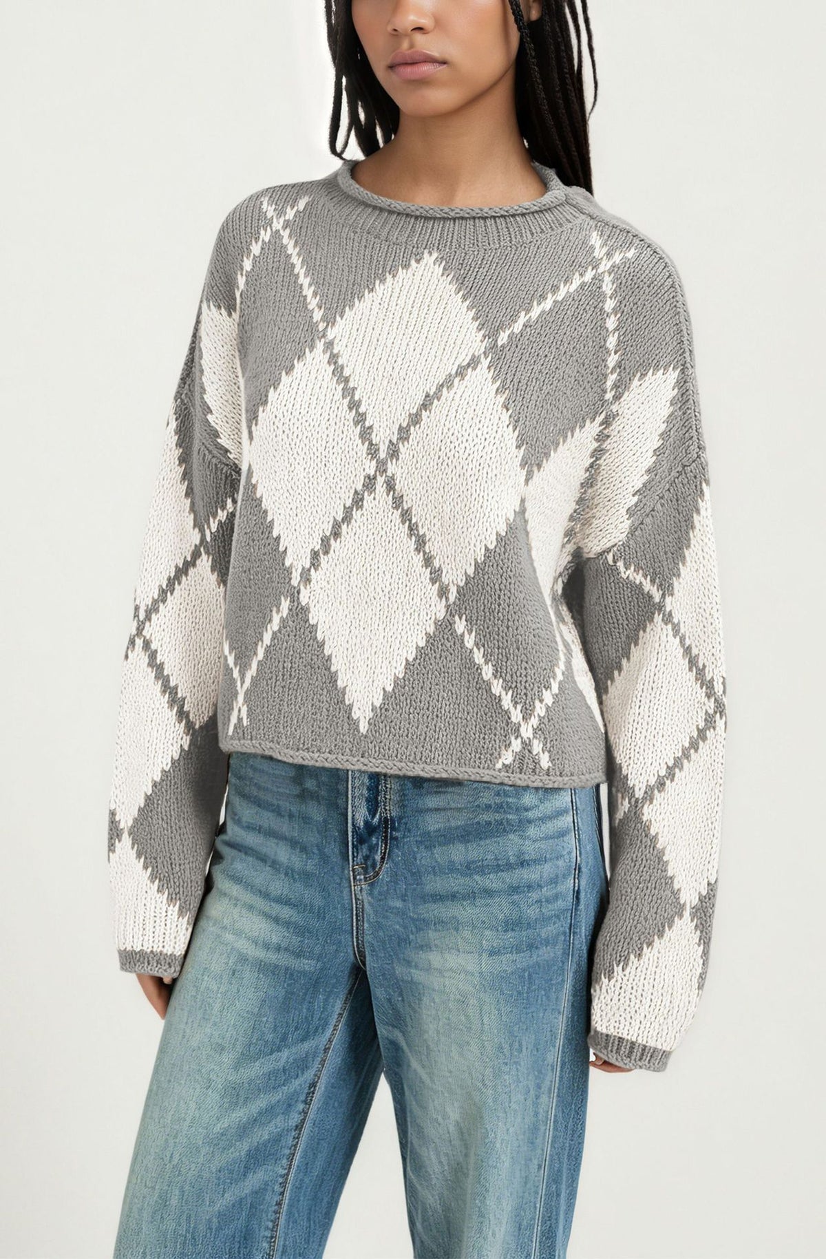 Women's Oversized Argyle Crewneck Sweater