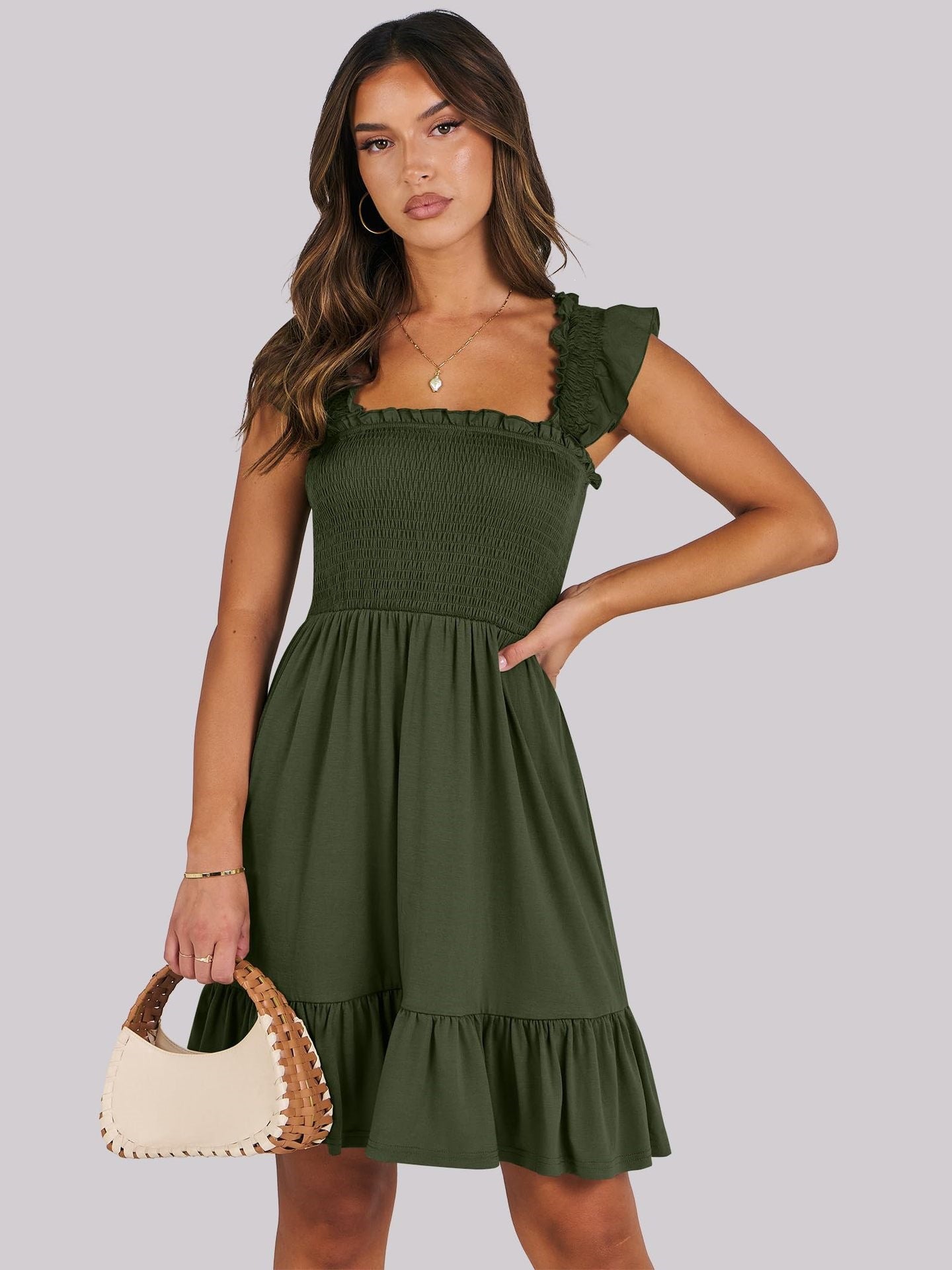 Women’s Smocked Square Neck Ruffle Sleeve Mini Dress Casual Summer Flowy A Line Dress