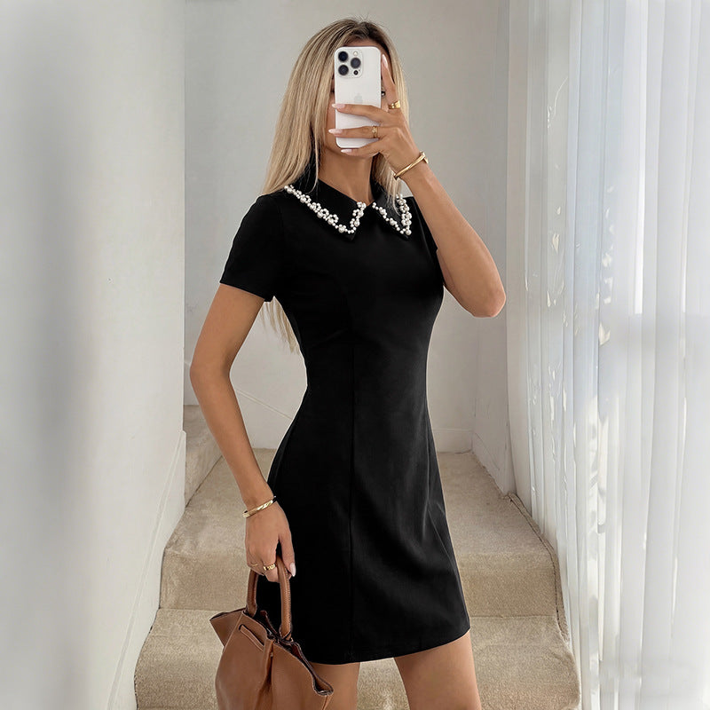 Women Pearl Collar Black Mini Dress Elegant Short Dress