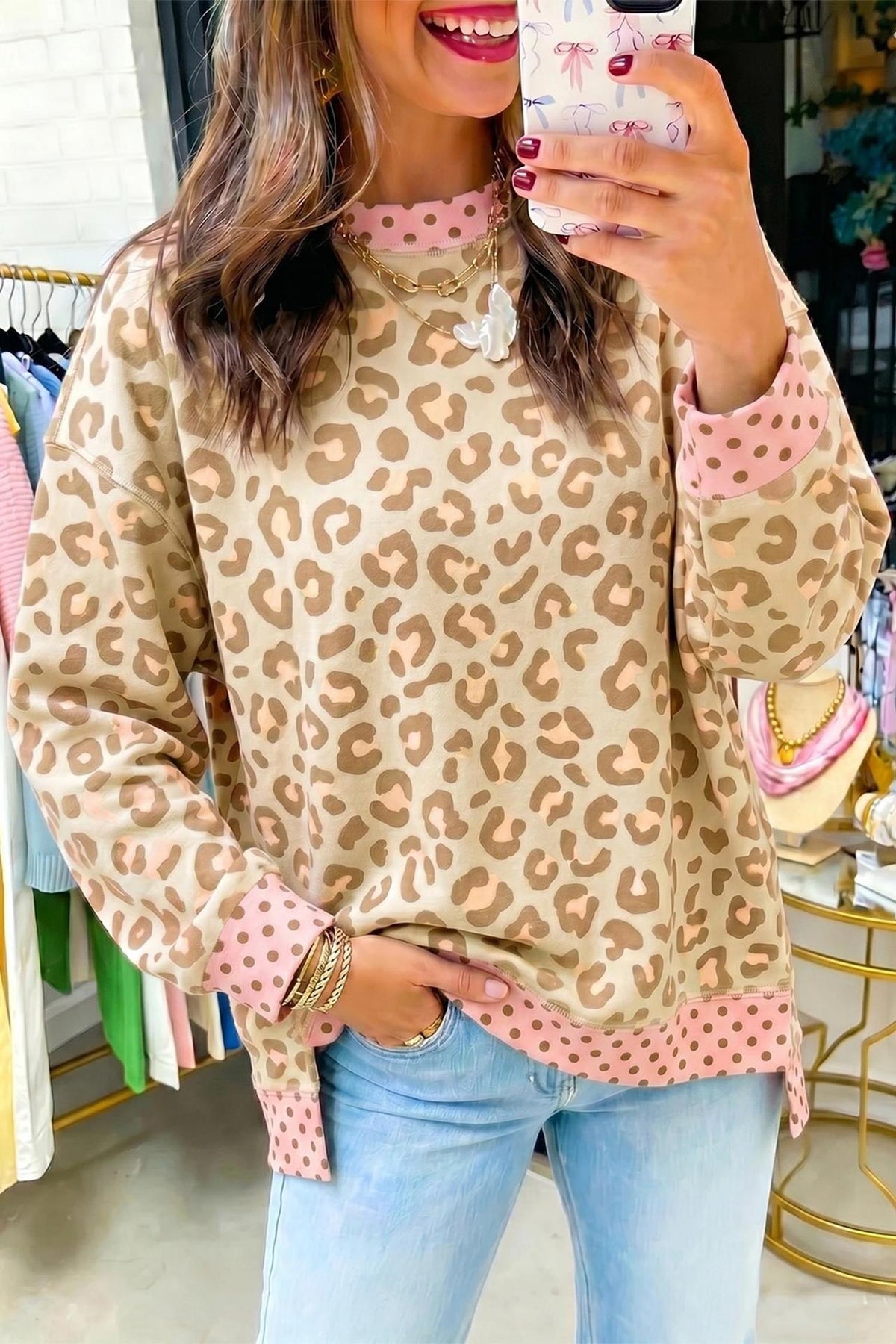 Women's Oversized Leopard Polka Dot Color Block Sweatshirt