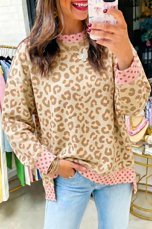 Women's Oversized Leopard Polka Dot Color Block Sweatshirt