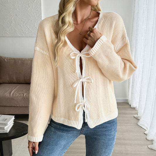 Contrast Trim Tie Front Knit Cardigan Sweater Women