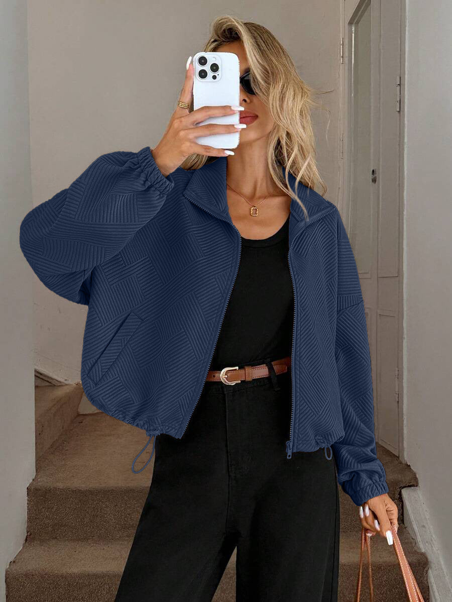 Textured Polyester Jacket Casual Bomber Oversized Zip Up